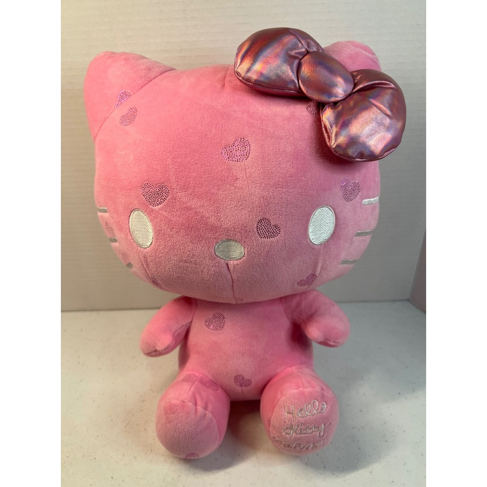 Gund Sanrio Hello Kitty 50th Anniversary Pink Heart Plush Iridescent Bow 12in